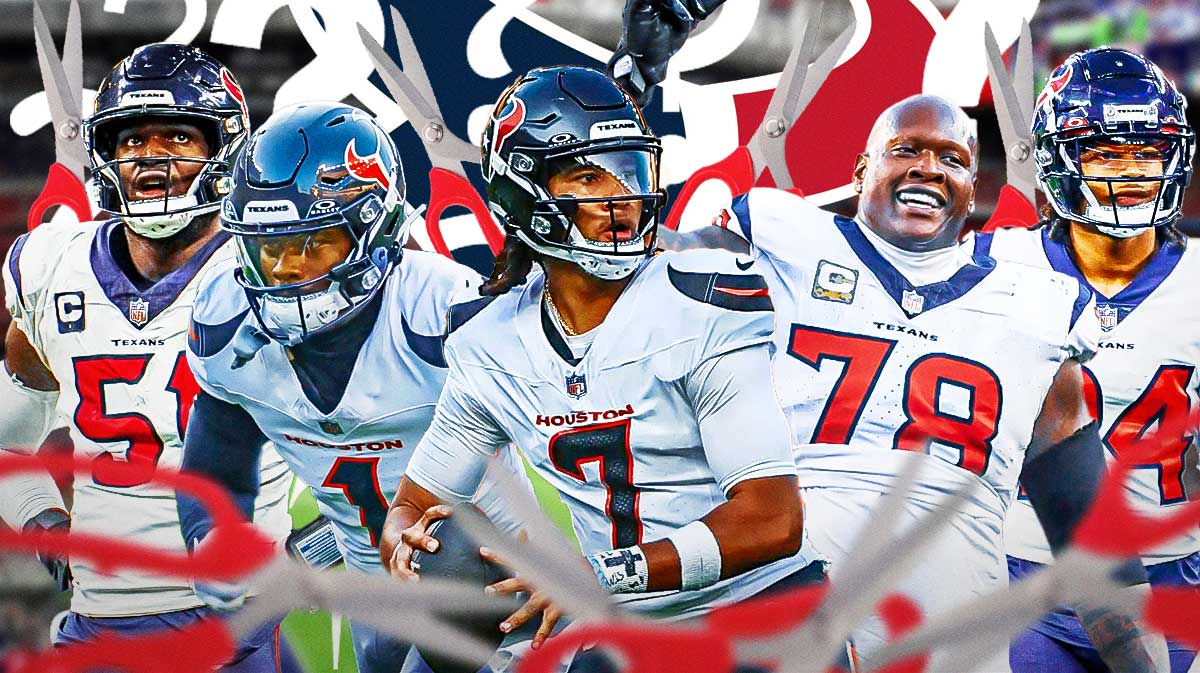 CJ Stroud, Stefon Diggs, Laremy Tunsil, Will Anderson, Derek Stingley all together with Texans logo in front. Background is NRG Stadium. Scissors amd question marks all around the graphic.