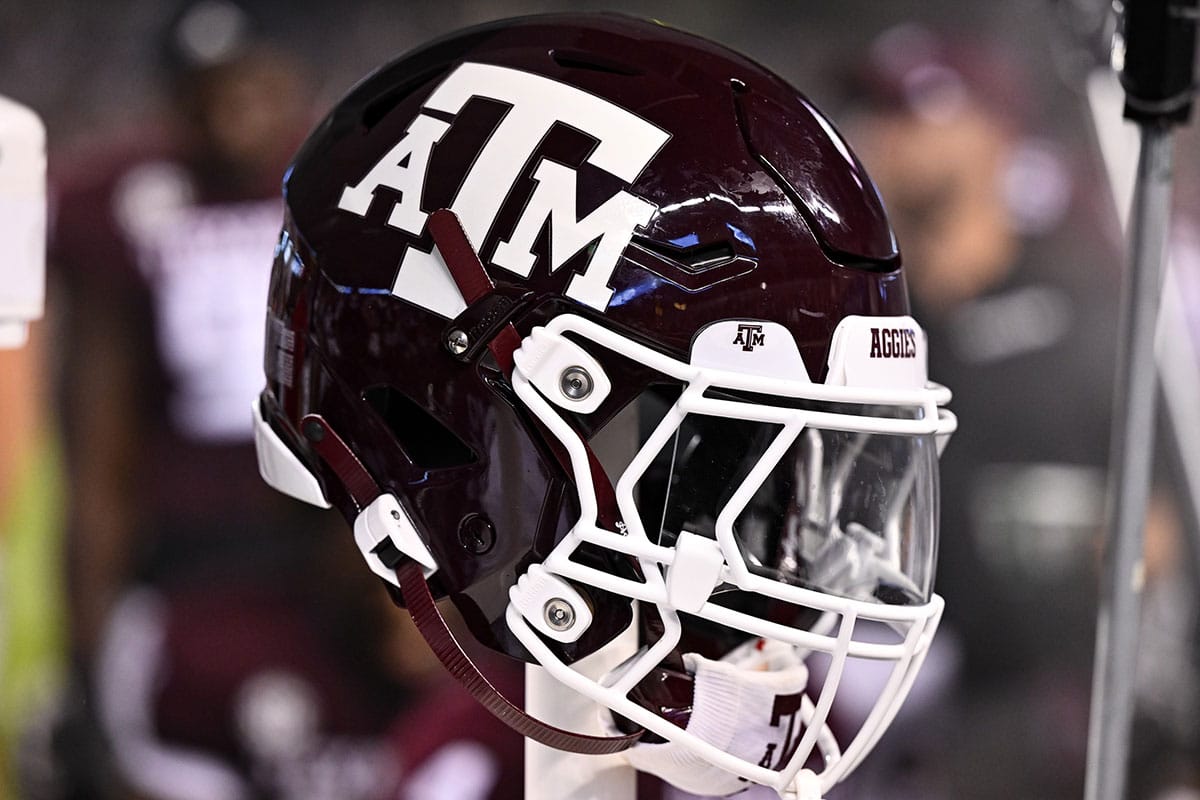 A detailed view of a Texas A&M Aggies helmet on the sideline during the game against the New Mexico Lobos at Kyle Field.
