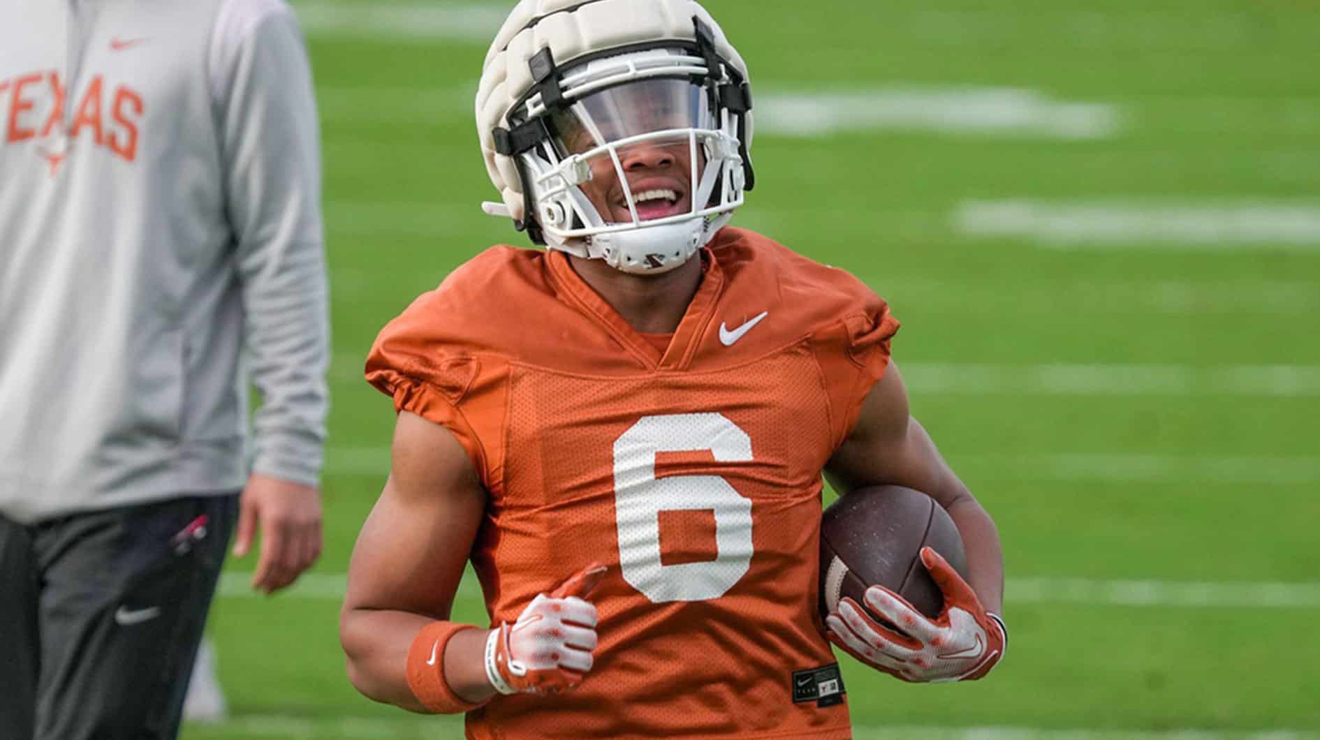 Texas Longhorns running back Christian Clark during football spring practice at the Frank Denius practice fields in Austin, Tuesday, March 19, 2024.