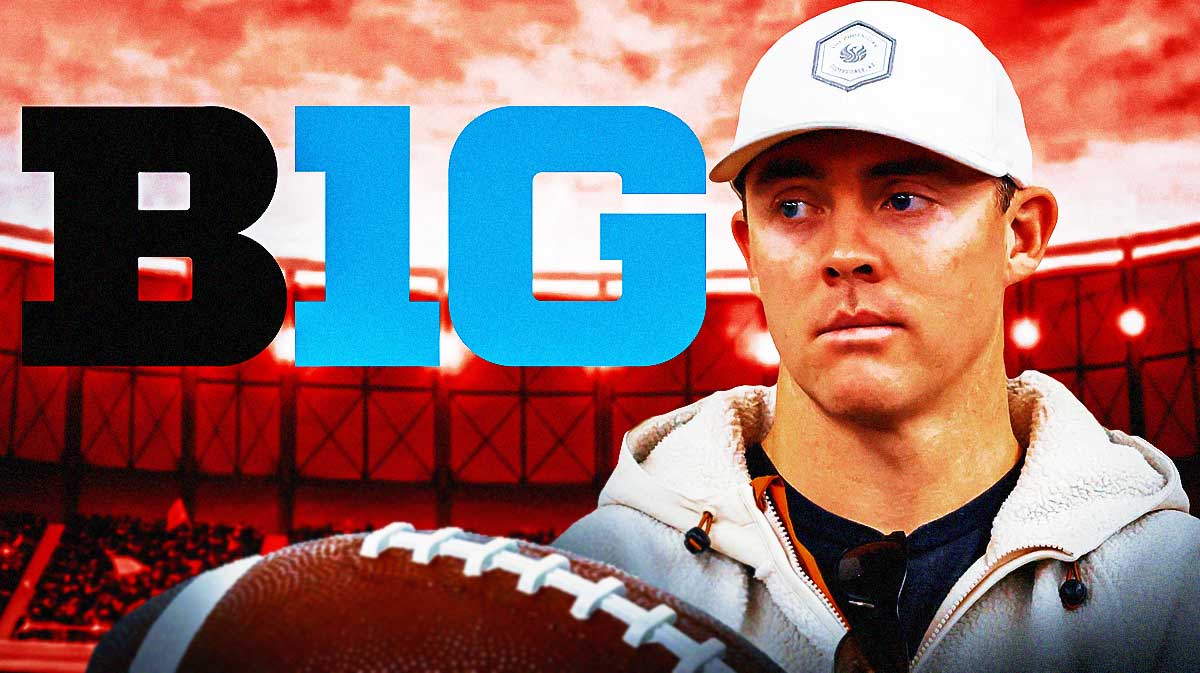Photo: Colt McCoy in action with a Big Ten logo beside him