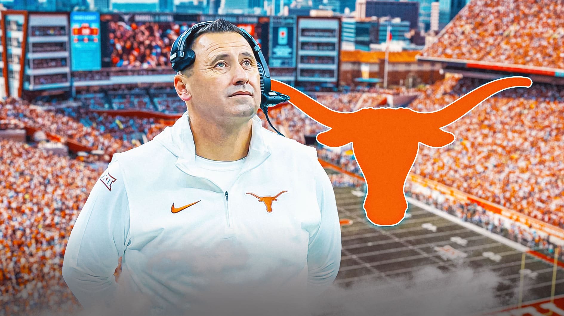 Steve Sarkisian standing proud with Texas football logo behind him