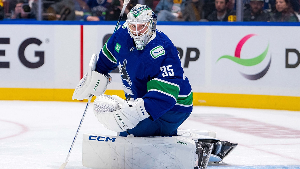  Vancouver Canucks goalie Thatcher Demko (35) watches the rebound against the Nashville Predators in game one of the first round of the 2024 Stanley Cup Playoffs at Rogers Arena