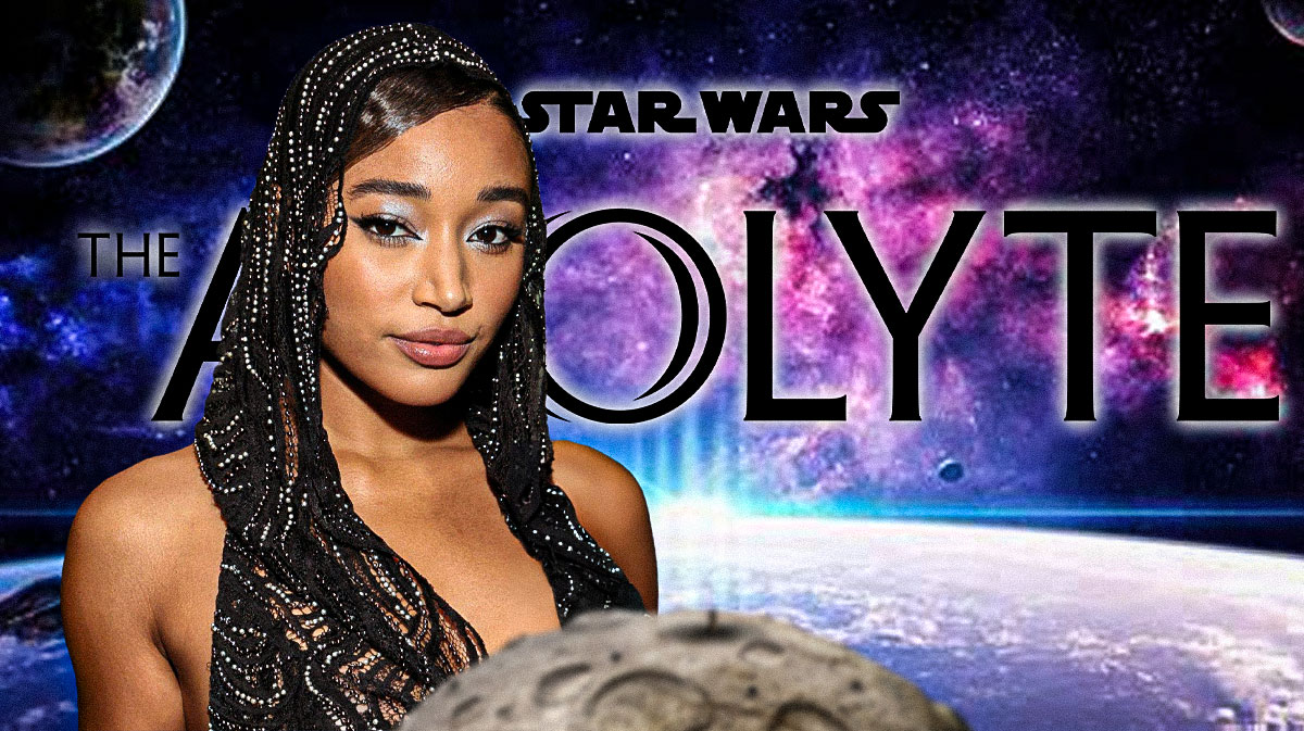 Amandla Stenberg with Star Wars: The Acolyte series logo after it being canceled with outer space background.