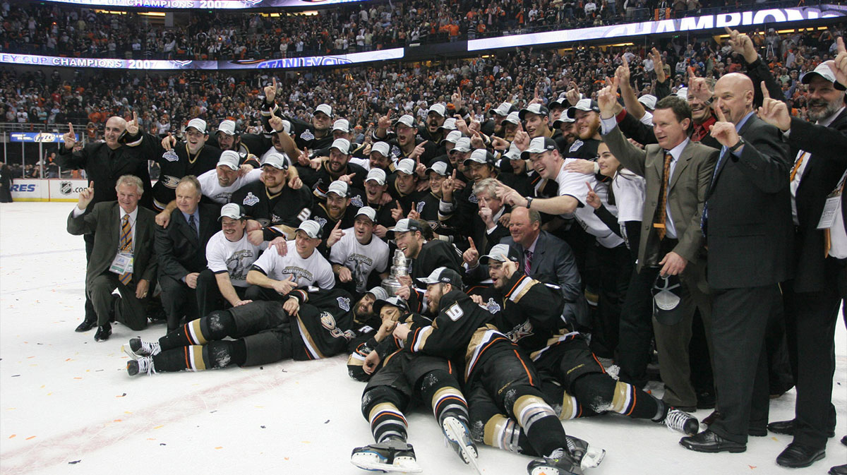The Anaheim Ducks celebrate winning the Stanley Cup after defeating the Ottawa Senators 6-2 in game five of the 2007 NHL Stanley Cup Finals at the Honda Center in Anaheim CA.