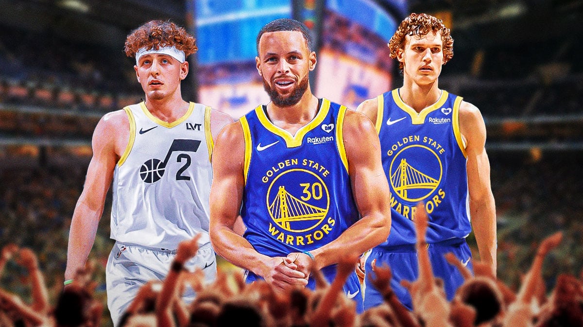 Brandin Podziemski in a Jazz jersey, Stephen Curry, and Lauri Marrkanen in a Warriors jersey.