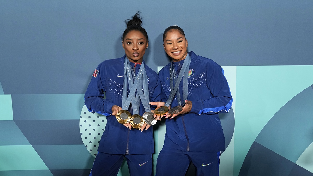 Simone Biles and Jordan Chiles of the United States poses for a photo after day three of the gymnastics event finals during the Paris 2024 Olympic Summer Games. 