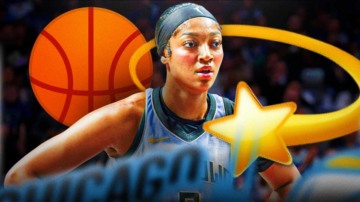 raphic - WNBA Chicago Sky player Angel Reese, with a frustrated/upset or neutral expression (no happy faces) on a basketball court, with basketball and star emojis