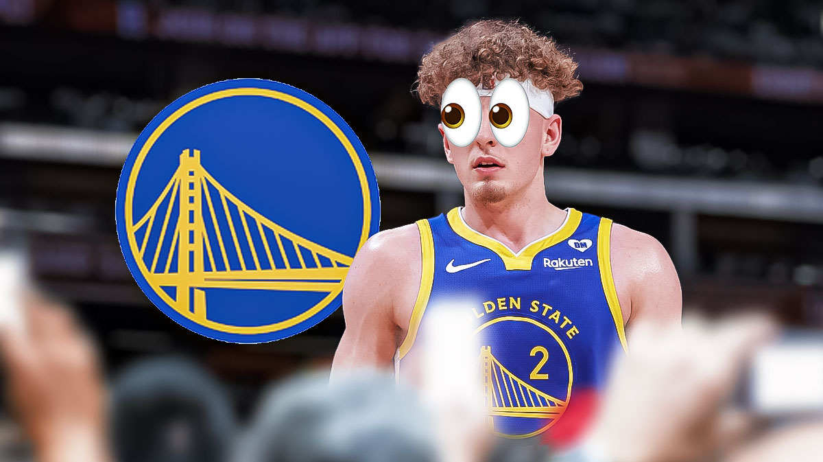 Brandin Podziemski looks at Warriors logo with bulging eyes