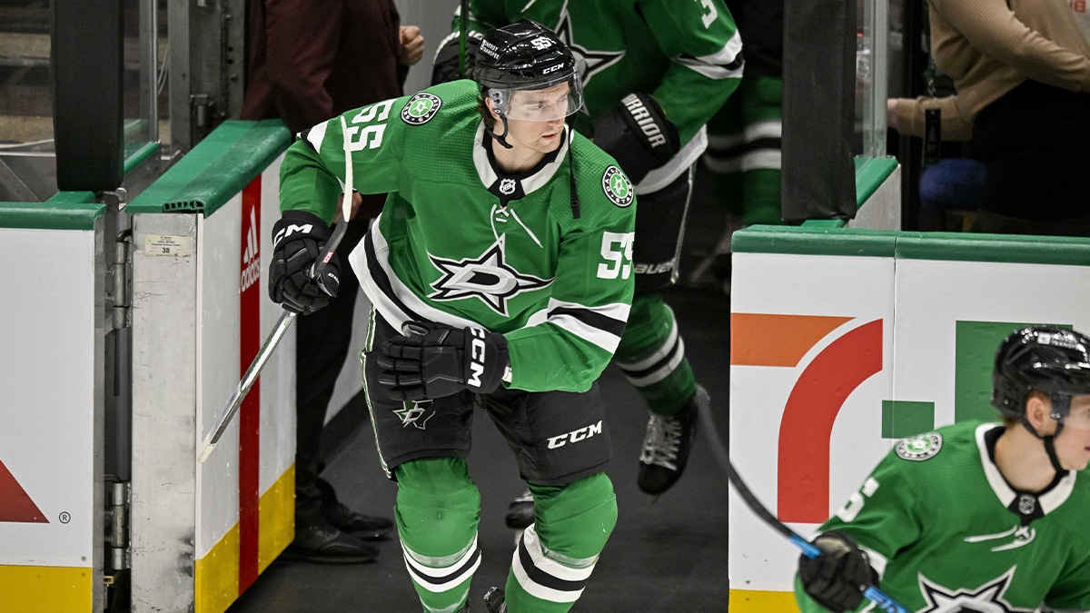 Dallas Stars defenseman Thomas Harley (55) skate in warms up prior to a game against against the Winnipeg Jets at the American Airlines Center.