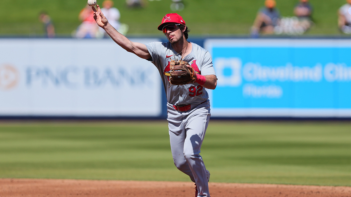 Feb 25, 2024; West Palm Beach, Florida, USA; St. Louis Cardinals second baseman Thomas Saggese (92) throws to first base against the Houston Astros during the first inning at CACTI Park of the Palm Beaches.