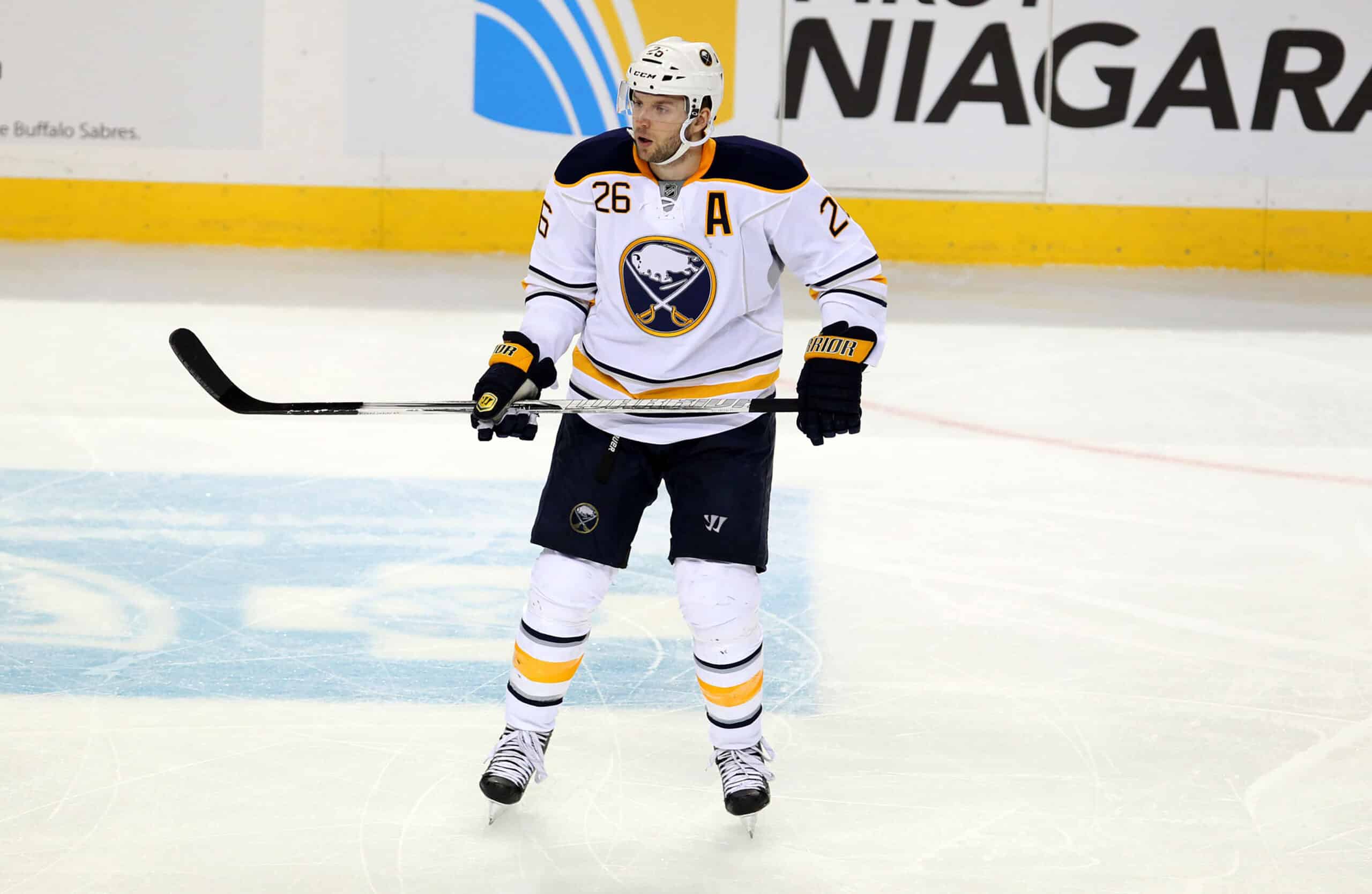 Buffalo Sabres left wing Thomas Vanek (26) looks for the puck against the Toronto Maple Leafs at First Niagara Center. 
