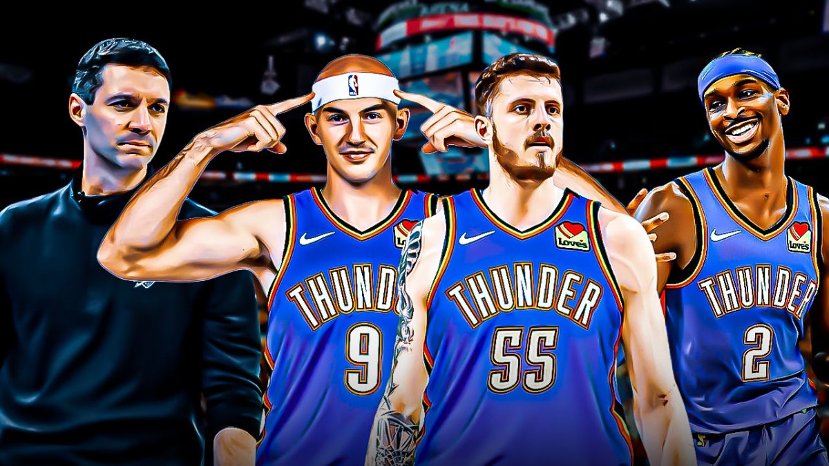Thunder's Mark Daigneault. Shai Gilgeous-Alexander, Isaiah Hartenstein, and Alex Caruso