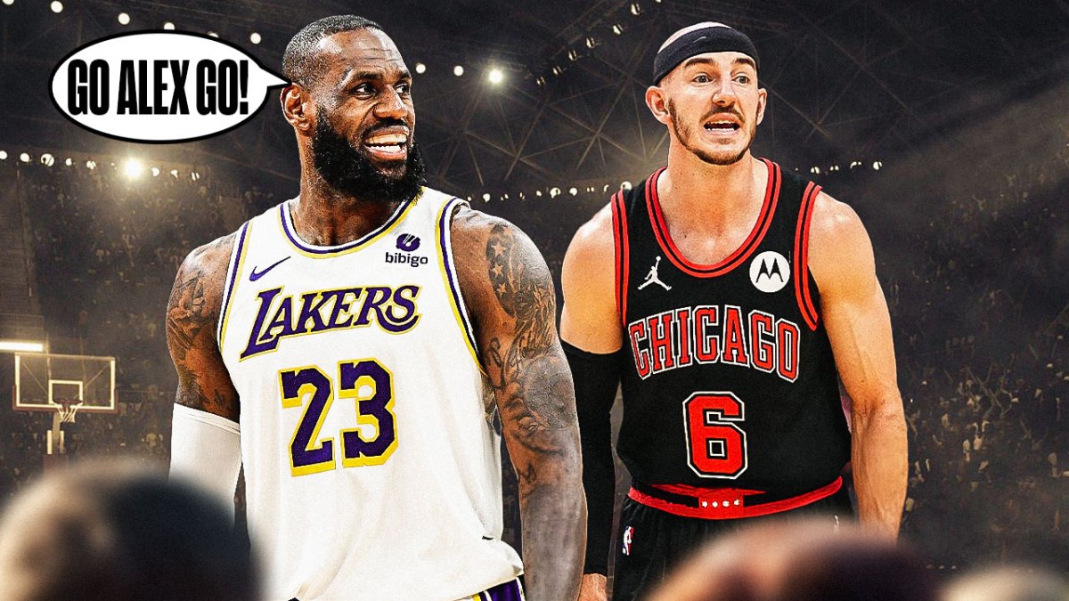 LeBron James with a speech bubble saying "Go Alex go!" to Alex Caruso