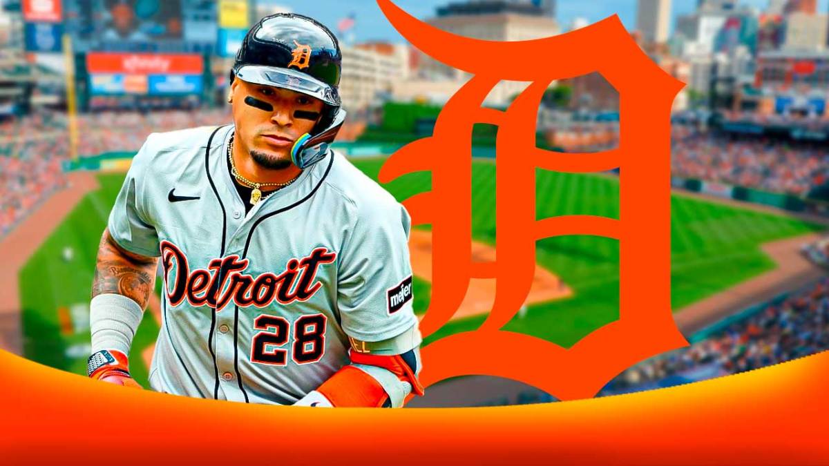 Detroit Tigers' Javier Baez looking down with the Tigers logo next to him