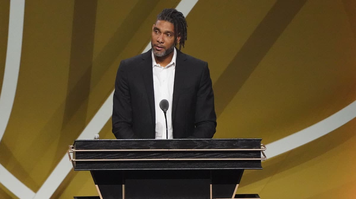 Class of 2020 inductee Tim Duncan speaks during the Naismith Memorial Basketball Hall of Fame Enshrinement ceremony at Mohegan Sun Arena.