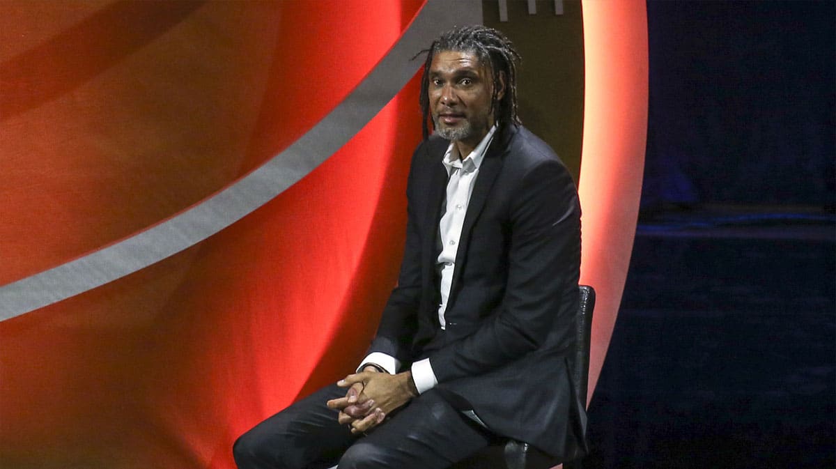 Tim Duncan on stage during the 2022 Basketball Hall of Fame induction for Manu Ginobili at Symphony Hall.