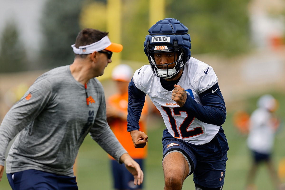 Denver Broncos wide receiver Tim Patrick (12) during training camp at Broncos Park Powered by CommonSpirit.