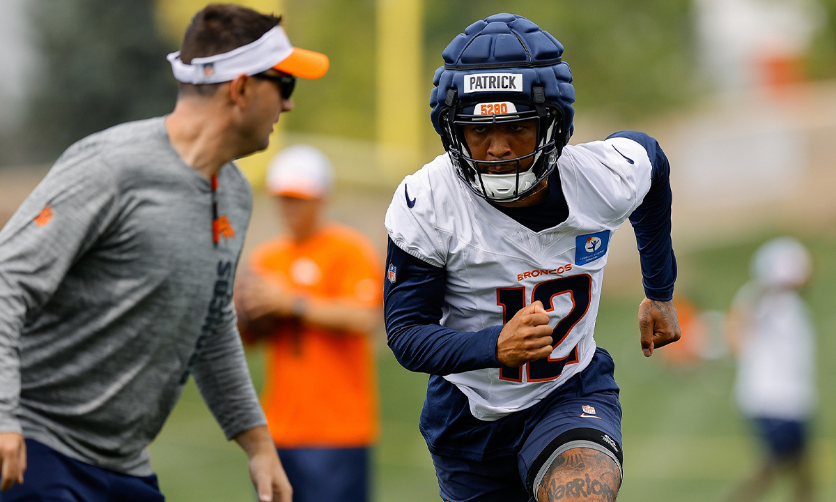 Denver Broncos wide receiver Tim Patrick (12) during training camp at Broncos Park Powered by CommonSpirit.