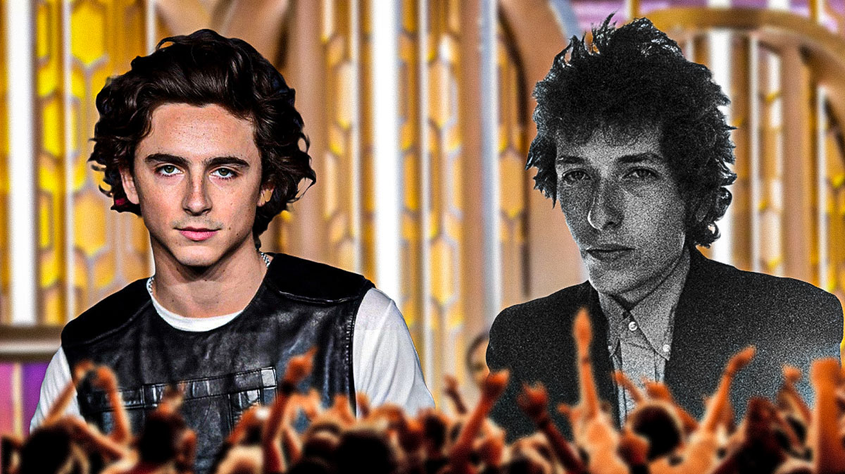 Timothée Chalamet next to Bob Dylan, who he will play in the biopic A Complete Unknown.
