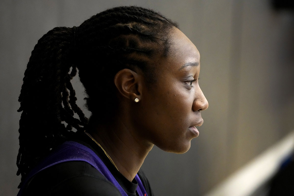 Phoenix Mercury center Tina Charles talks to the press at Verizon 5G Performance Center.