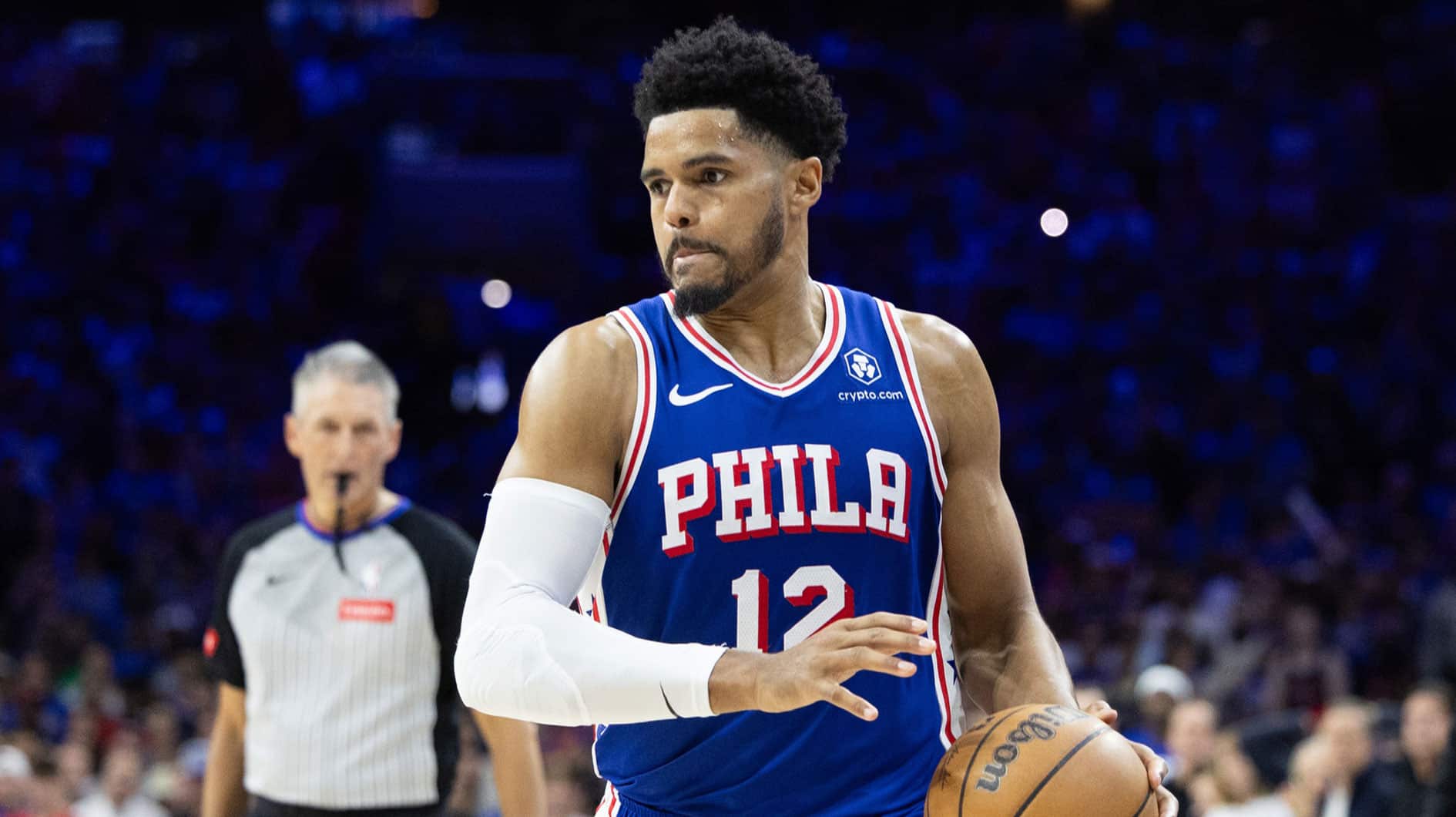 May 2, 2024; Philadelphia, Pennsylvania, USA; Philadelphia 76ers forward Tobias Harris (12) in action against the New York Knicks during game six of the first round for the 2024 NBA playoffs at Wells Fargo Center.