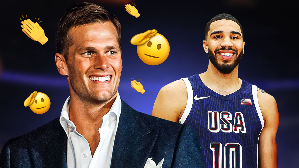 Tom Brady smiling, with clapping and salute emojis around him while looking at Team USA version of Celtics star Jayson Tatum
