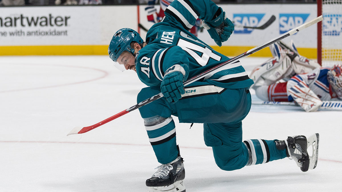 San Jose, California, USA; sSan Jose Sharks center Tomas Hertl (48) reacts after defeating the New York Rangers in overtime at SAP Center at San Jose.