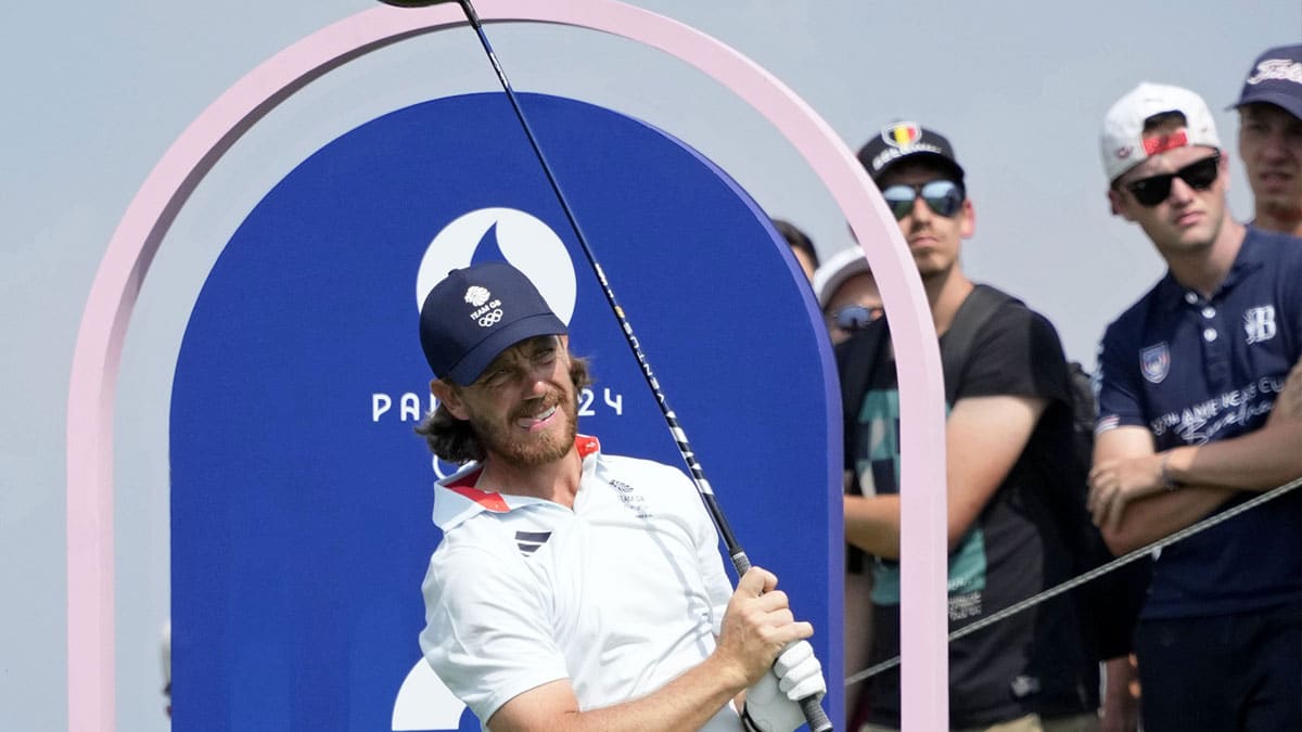 Tommy Fleetwood of Team Great Britain tees off on the third hole in round two of menís stroke play during the Paris 2024 Olympic Summer Games at Le Golf National
