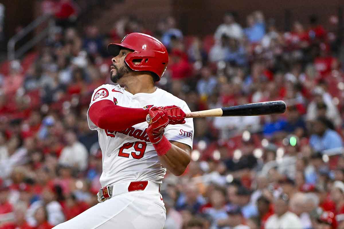 St. Louis Cardinals left fielder Tommy Pham (29) hits a two run home run against the Tampa Bay Rays during the second inning at Busch Stadium. 