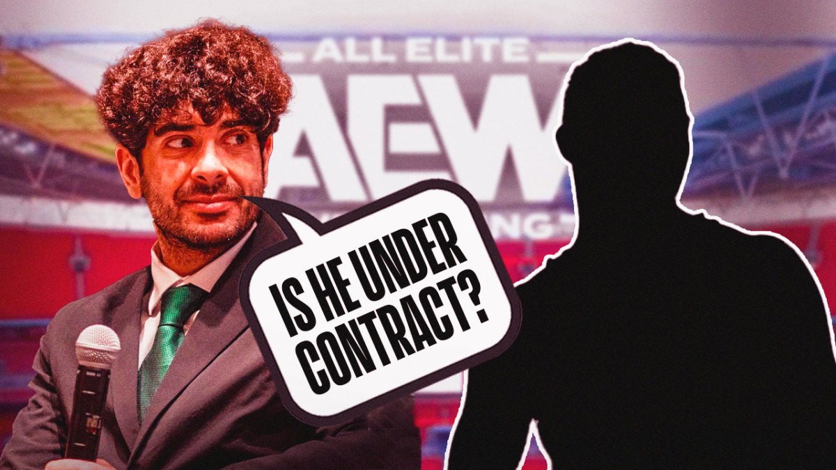 Tony Khan with a text bubble reading "Is he under contract?" next to the blacked-out silhouette of Daniel Garcia with the AEW All In logo as the background.