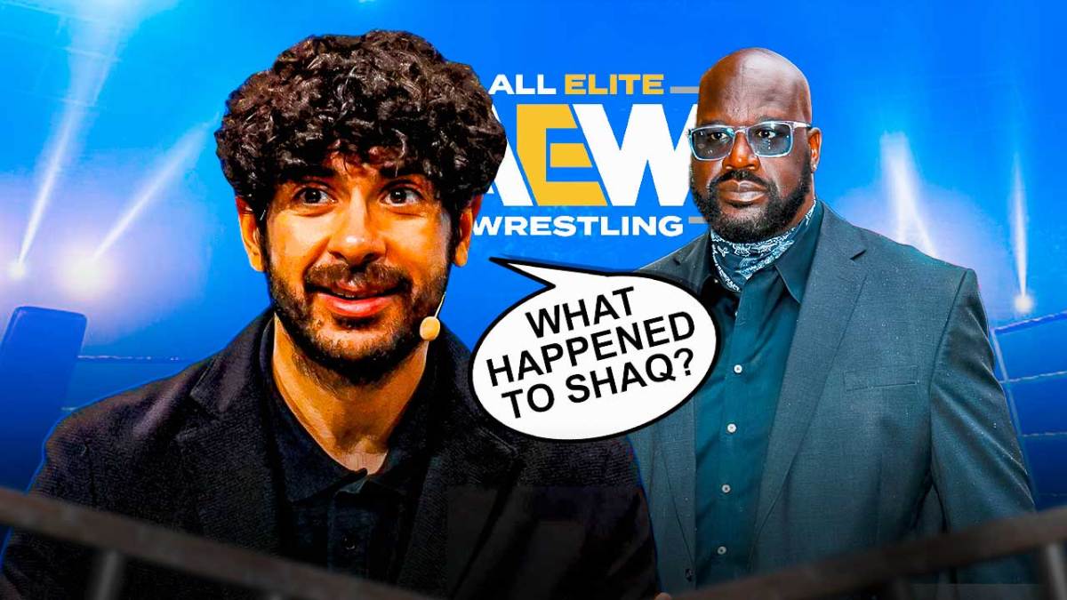 Tony Khan with a text bubble reading "What happened to Shaq?" next to Shaquille O'Neal with the AEW logo as the background.