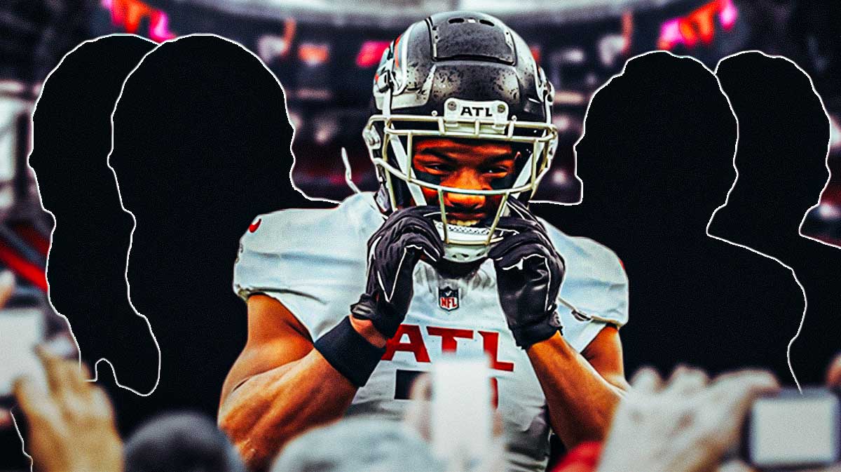 Bijan Robinson in the middle, two silhouettes of running backs on one side of him, two silhouettes of running backs on the other side of him. Fantasy football running back breakout candidates