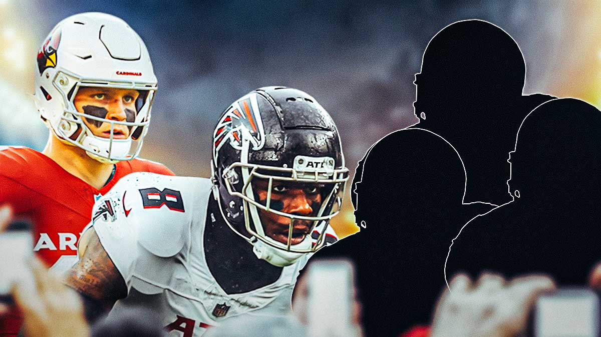 Trey McBride and Kyle Pitts on one side, three silhouettes of tight ends on the other side. Fantasy football tight end breakout candidates