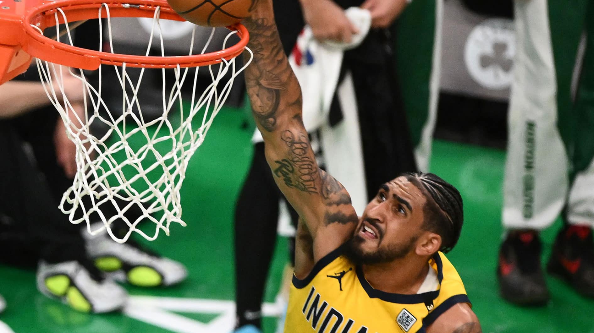 Indiana Pacers forward Obi Toppin (1) dunks the ball against the Boston Celtics in the second half during game two of the eastern conference finals for the 2024 NBA playoffs at TD Garden.