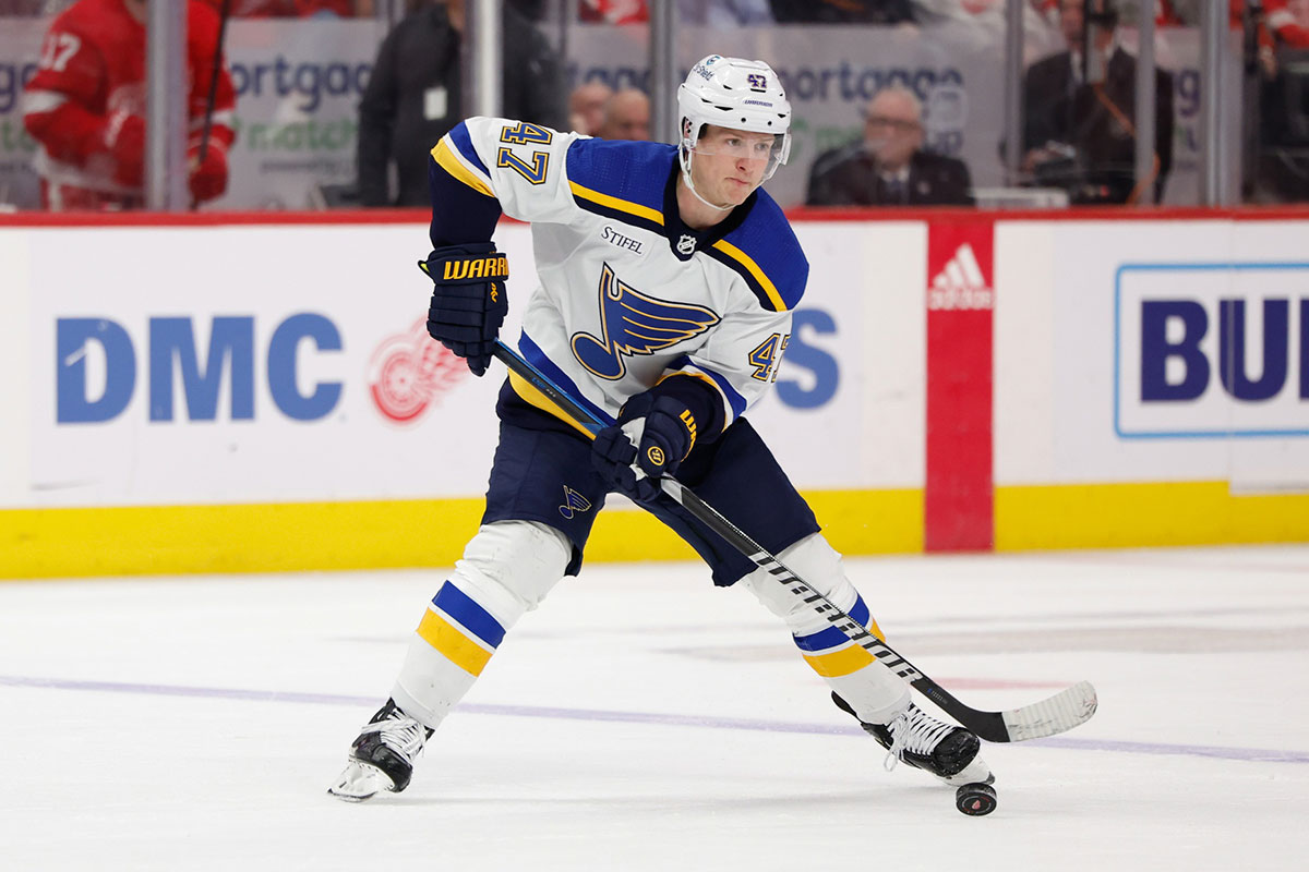     St. Louis Blues defenseman Torey Krug (47) skates with the puck in the third period against the Detroit Red Wings at Little Caesars Arena.