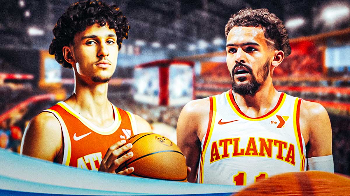 Trae Young in a Hawks jersey, Zaccharie Risacher in a Hawks jersey, and a basketball court in the background.