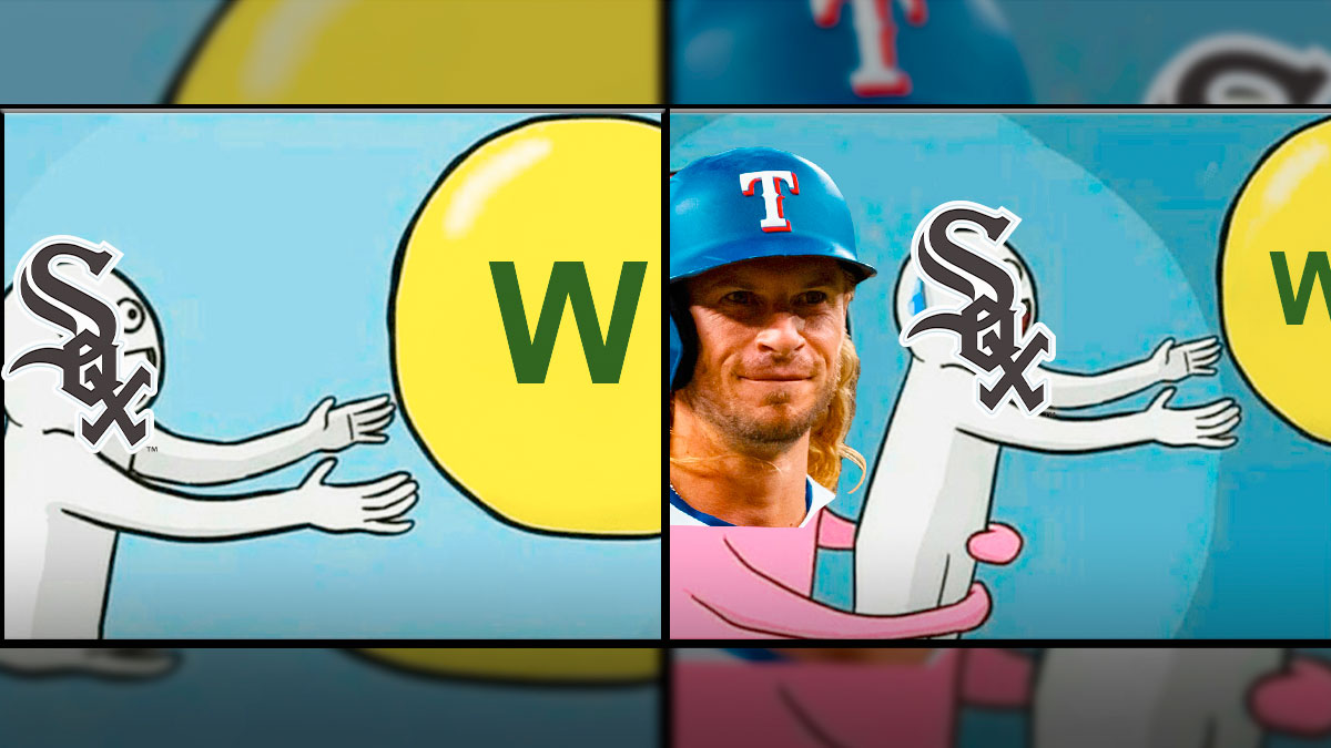 Balloon held back meme: White Sox logo on the white guy, "W" text caption on the yellow balloon, Rangers' Travis Jankowski on the pink blob