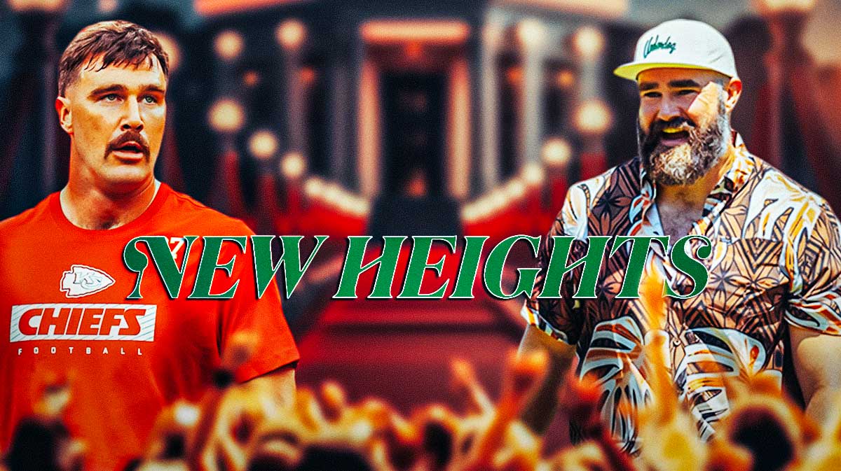 Travis and Jason Kelce with the New Heights podcast logo as they make a $100 million deal with Amazon Wondery.