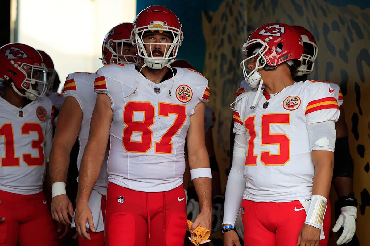 Travis Kelce and Patrick Mahomes in the tunnel before the Chiefs' preseason game against the Jaguars on August 10, 2024.