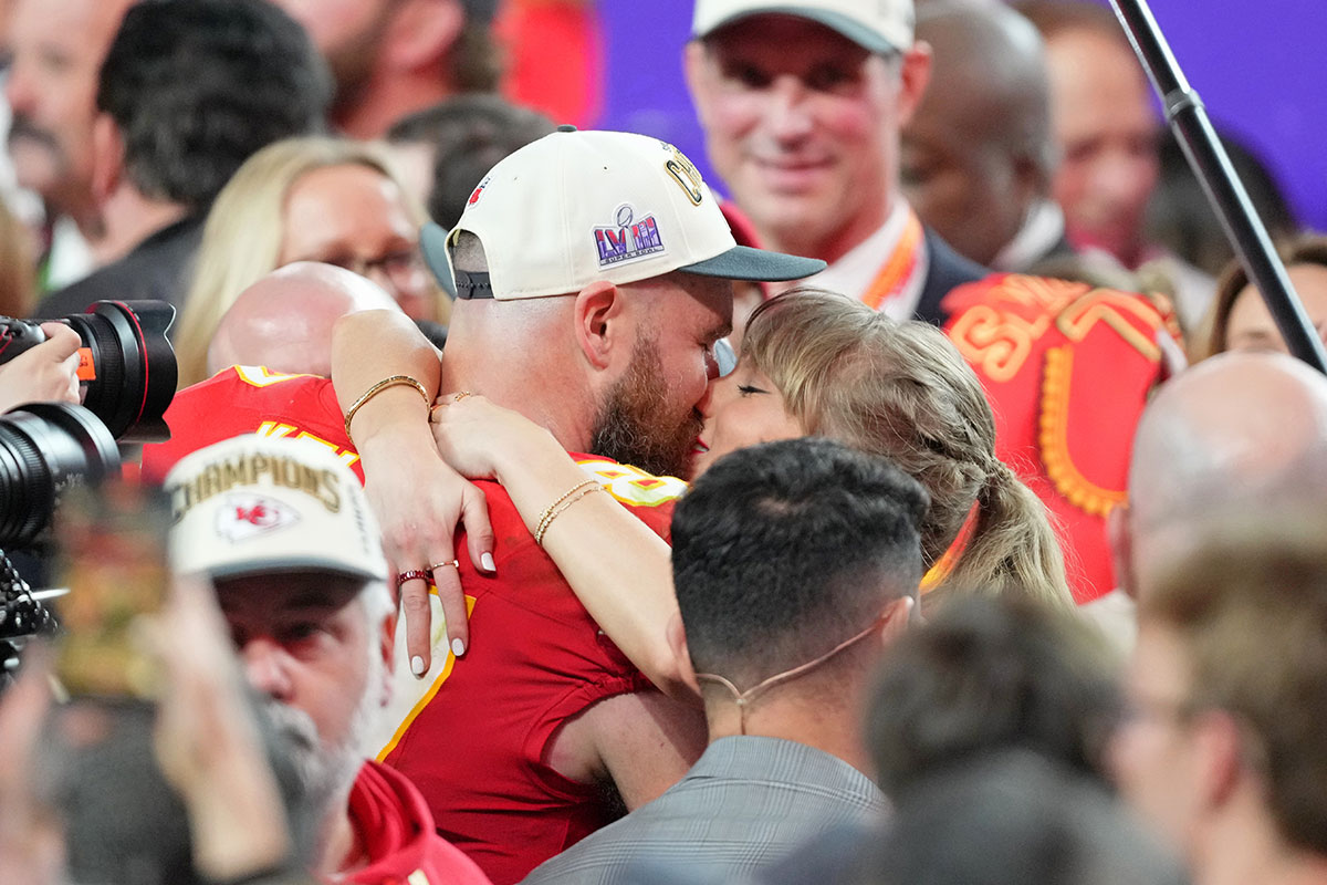 Travis Kelce and Taylor Swift after the Chiefs won Super Bowl LVIII on February 11, 2024.