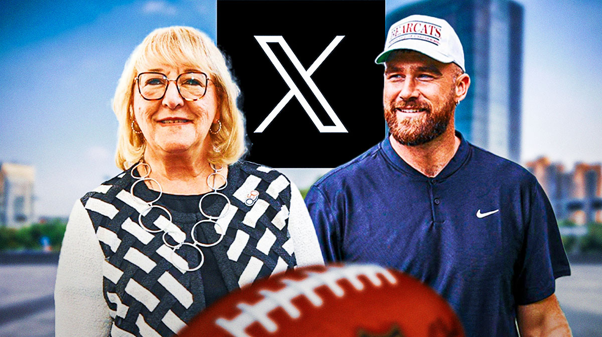 Travis Kelce and his mom Donna with X (formerly Twitter) social media platform logo.
