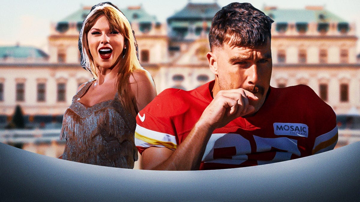 Taylor Swift and Travis Kelce with Vienna (where Swift canceled Eras Tour dates due to terror plot) background.