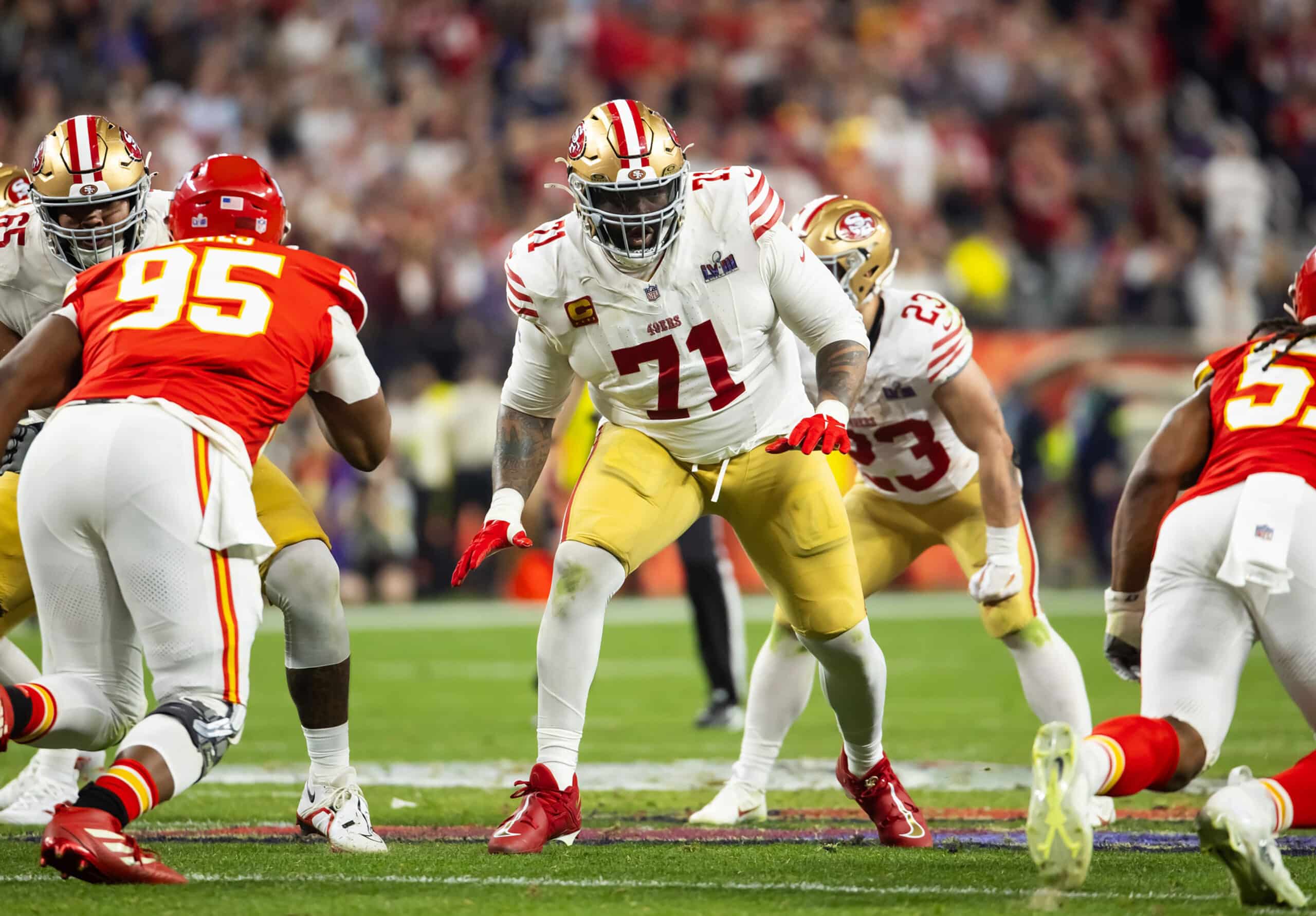 San Francisco 49ers offensive lineman Trent Williams (71) against the Kansas City Chiefs in Super Bowl LVIII.