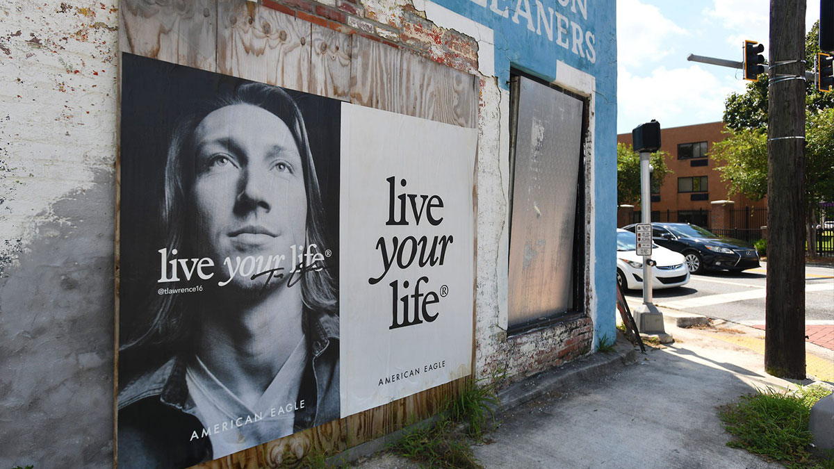 An American Eagle advertisement using a portrait of Jacksonville Jaguars quarterback Trevor Lawrence on the side of a building on Kings Road near Edward Waters University in Jacksonville, Florida Tuesday, August 20, 2024.