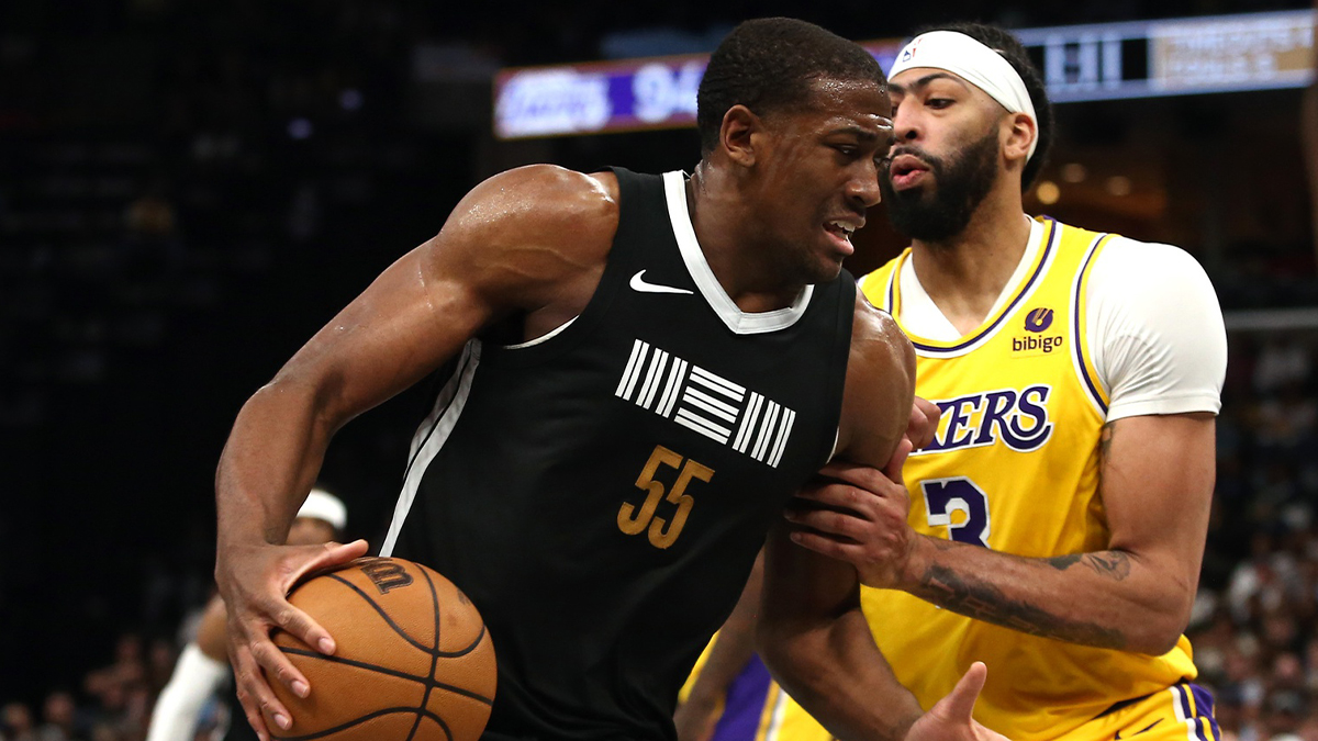 Memphis Grizzlies center Trey Jemison (55) drives to the basket as Los Angeles Lakers forward Anthony Davis (3) defends during the second half at FedExForum.