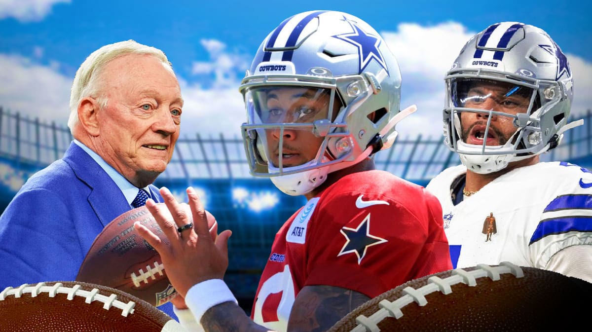 Dallas Cowboys star Trey Lance and Dak Prescott next to Jerry Jones in front of AT&T Stadium.