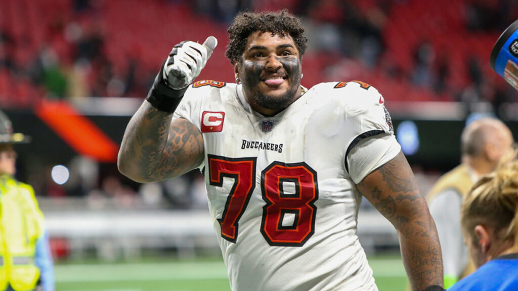 Tampa Bay Buccaneers offensive tackle Tristan Wirfs (78) celebrates after a victory against the Atlanta Falcons at Mercedes-Benz Stadium. 