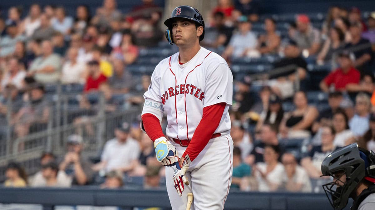 Red Sox first baseman Triston Casas adjusts his gloves during a rehab start at DH for the WooSox on Tuesday July 30, 2023.