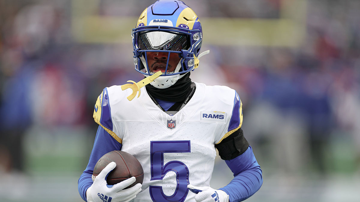 Los Angeles Rams wide receiver Tutu Atwell (5) warms up before the game against the New York Giants at MetLife Stadium.