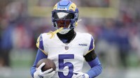 Los Angeles Rams wide receiver Tutu Atwell (5) warms up before the game against the New York Giants at MetLife Stadium.